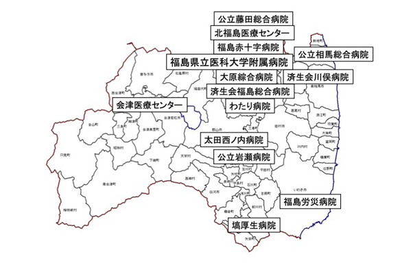 福島県内の関連病院を示した地図。病院名が記載されている。