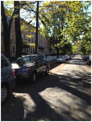 住宅街の一角、両側に車が駐車され日差しを浴びている路地の景色。