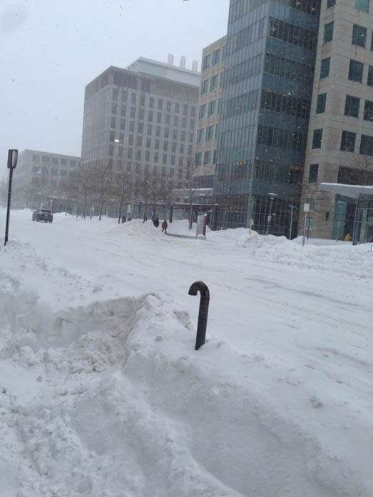 雪で覆われた都市の通りと背後にそびえる大きなビル。