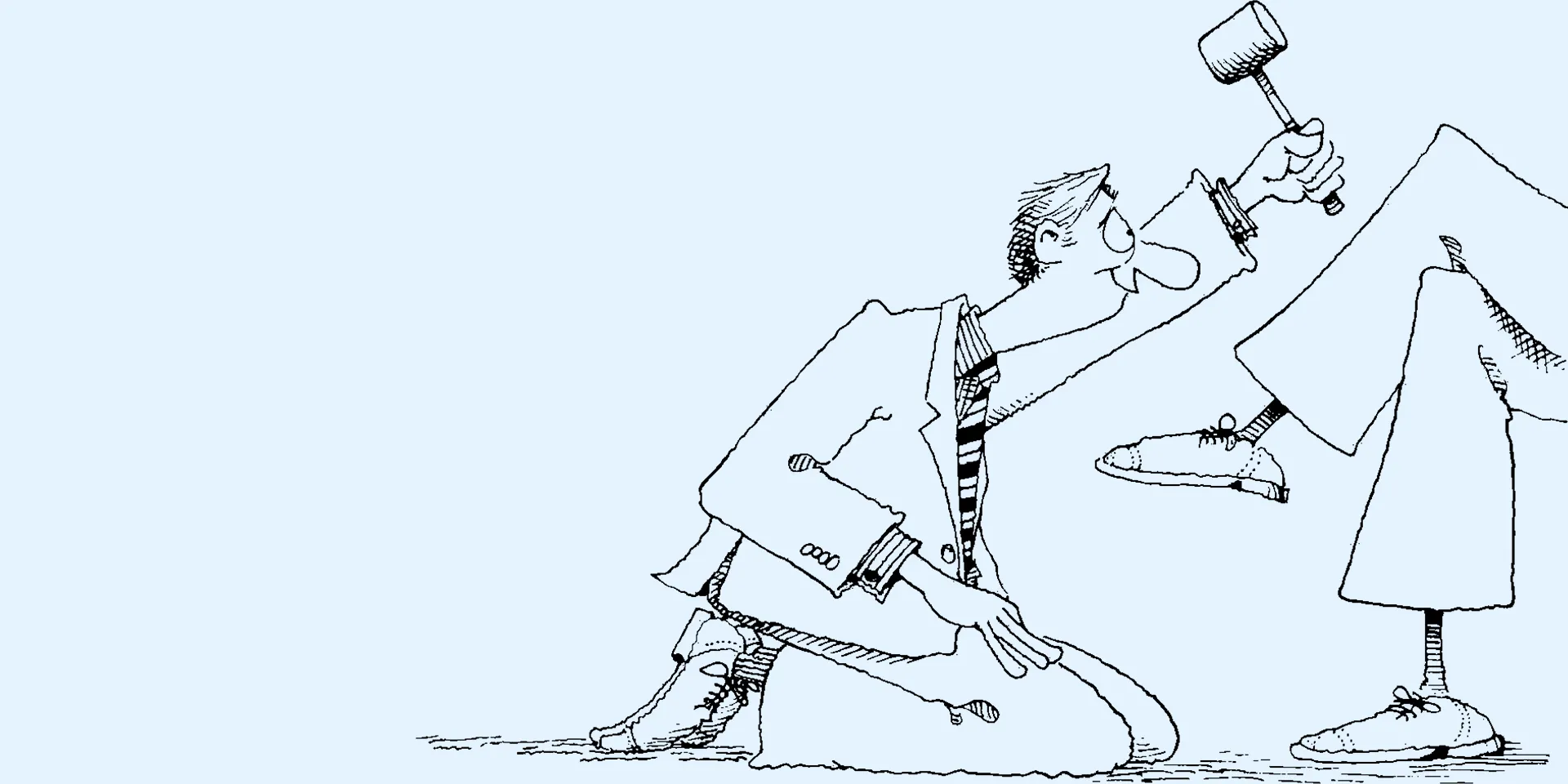 医師が患者の足を持ち上げ、ハンマーを使って治療を行おうとしているコミカルなイラスト。