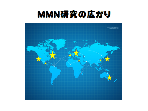 MMN研究の広がりを示す世界地図、主要な研究拠点に星マークが付いている。