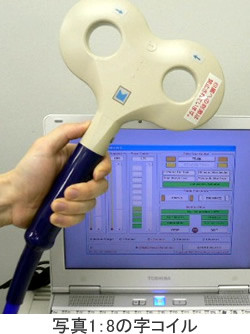 経頭蓋磁気刺激用のデバイスを手に持ち、背後には操作画面が表示されたパソコンがある様子。