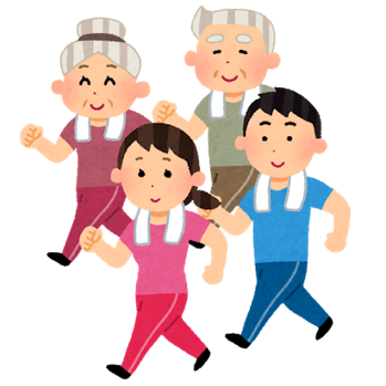 健康的に運動する高齢者と若者のイラスト。楽しそうにランニングをしている様子。