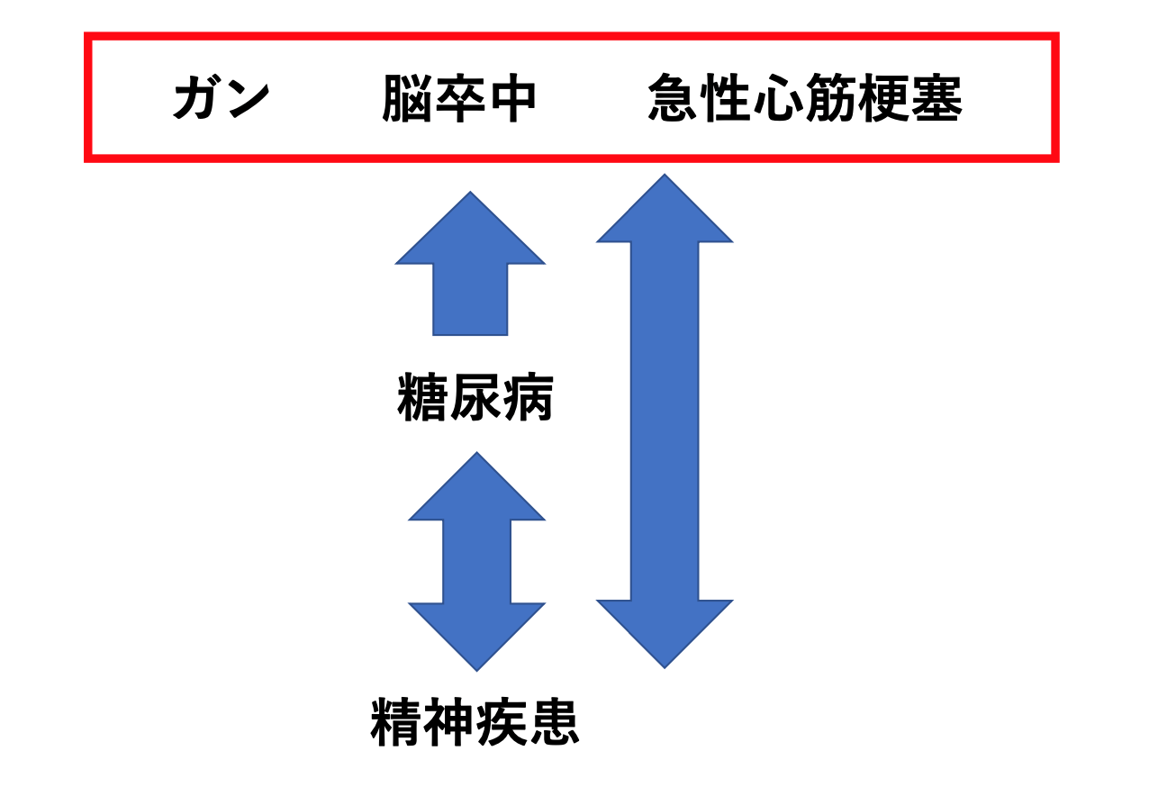 精神疾患とその他の疾病の相互関係を示す図。ガン、脳卒中、急性心筋梗塞、糖尿病、精神疾患の関連性を視覚化。