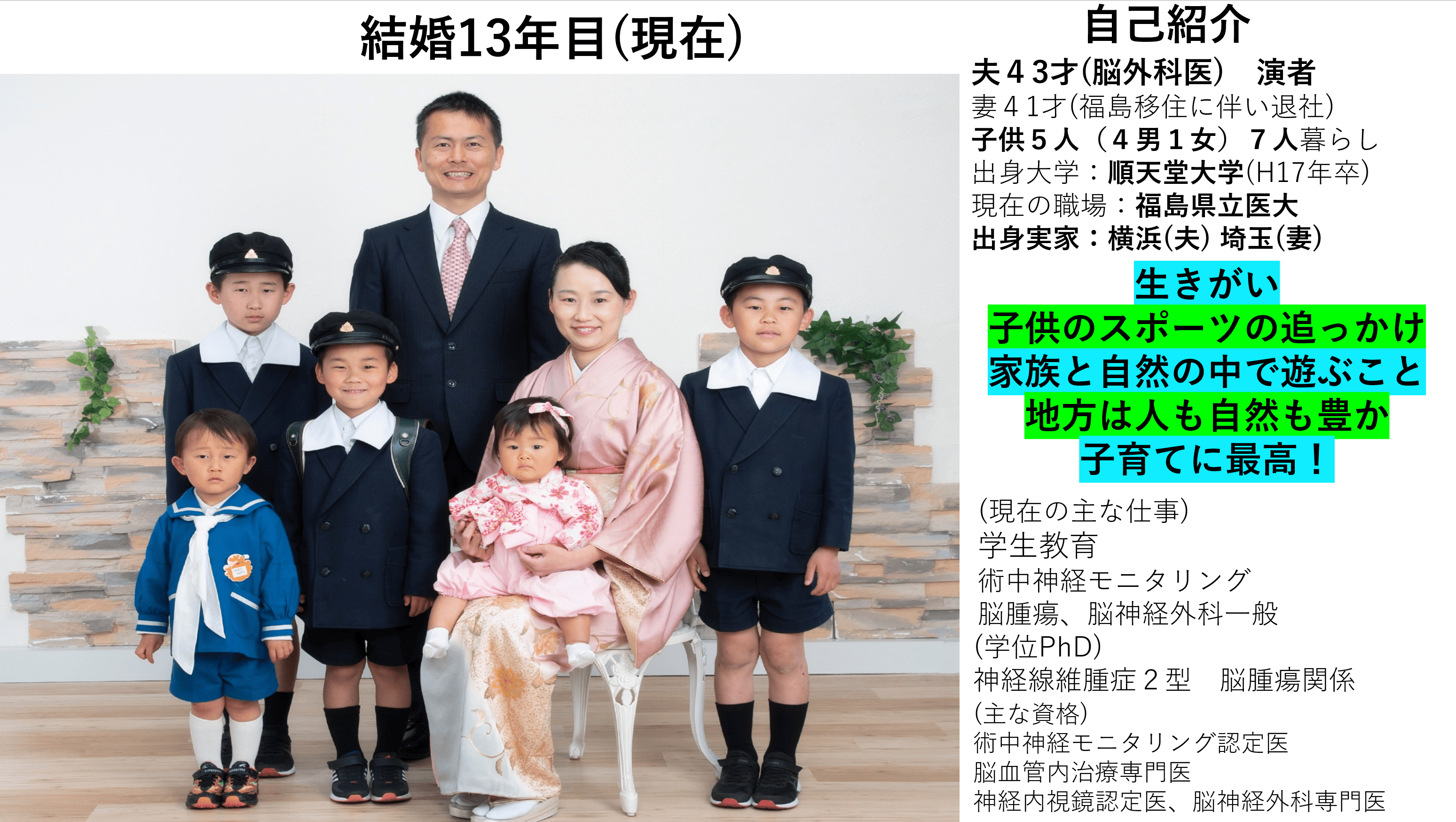 家族写真。父親、母親、4人の子どもが並び、和やかな雰囲気で笑顔を見せている。背景には自然を感じさせる装飾が施されている。