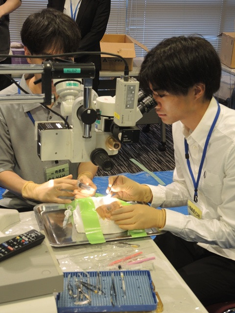 医学生たちが教室で顕微鏡を使い、研究や実験を行っている様子。周囲には仲間や指導者が見守る。