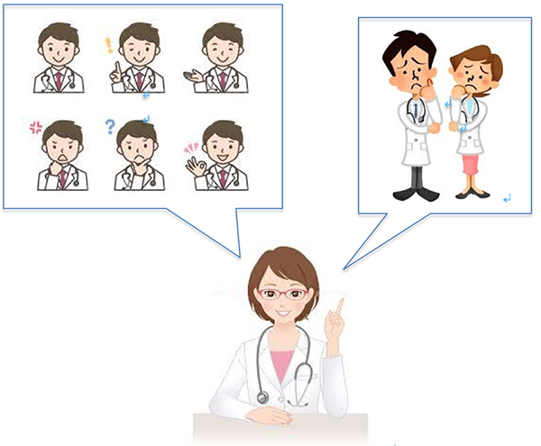医師が患者に対して説明を行う場面を描いたイラスト。左側には様々な表情の医師が、右側には患者と対話する医師が描かれている。