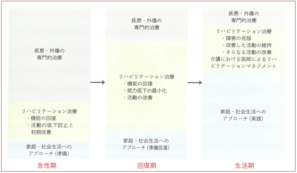 病気・外傷の治療プロセスを示す図。急性期、回復期、生活期の3段階で、専門治療からリハビリ、家庭生活へのアプローチを説明。