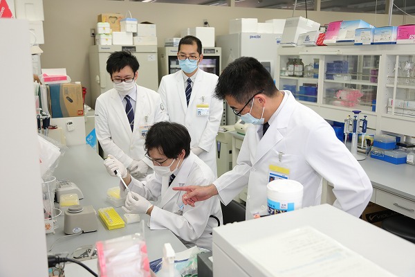 医学生たちが実験室で試験管を用いて実験を行う様子。白衣着用で、共同作業に集中しています。