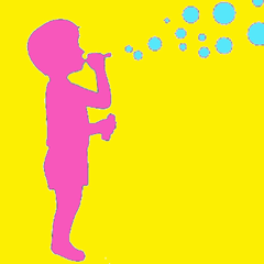 ピンクの子供が黄色の背景でシャボン玉を吹いているシルエットイラスト。青いシャボン玉が漂っています。
