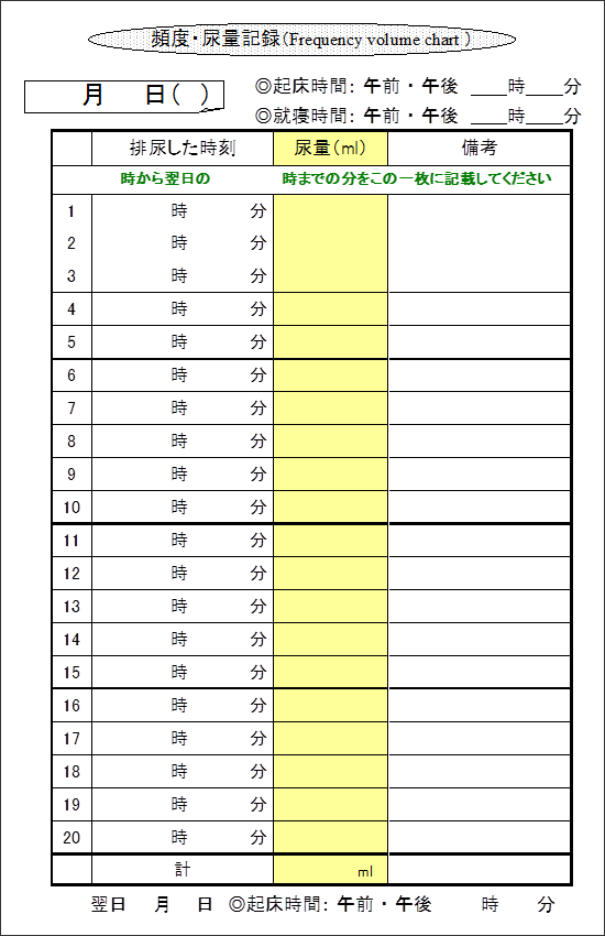 排尿記録用紙の画像。