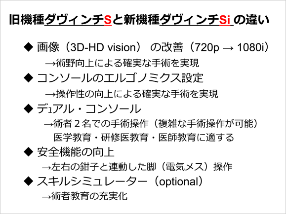 旧機種ダヴィンチSと新機種ダヴィンチSiの違いを示すまとめた内容。