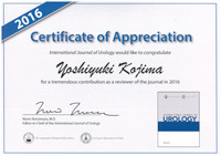 IJU Reviewers of the Year 2016受賞の賞状。