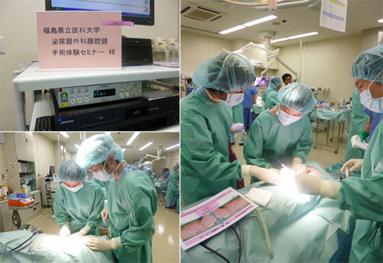 手術体験セミナーに参加する医学生たちの様子。