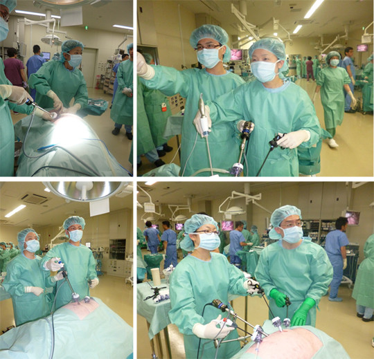 手術体験セミナーで腎臓の摘出・回収を行う医学生たちの様子。