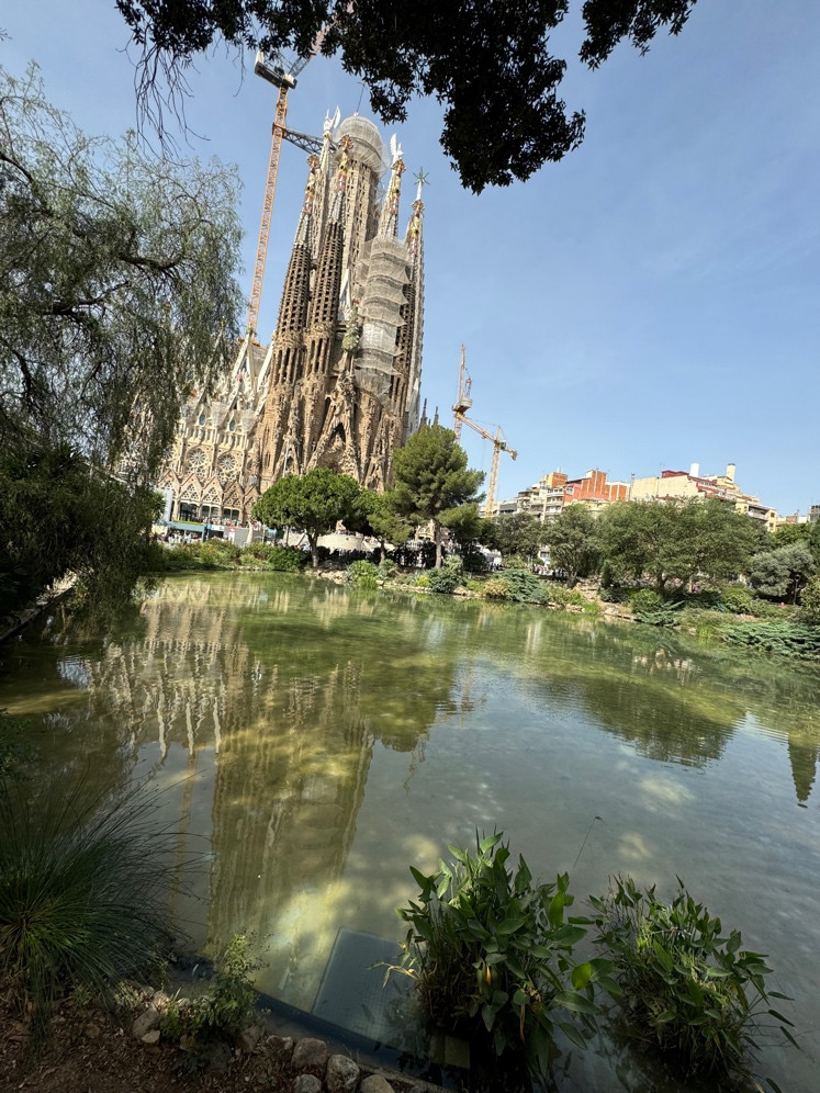 サグラダ・ファミリアの建設中の姿と周囲の池の風景。