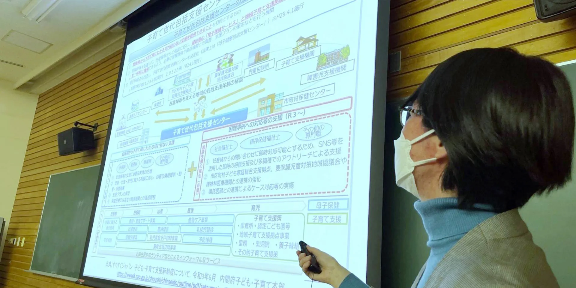 看護学部の講義中、スライドを指し示す講師の姿。背景には教育支援センターに関する情報が表示されている。