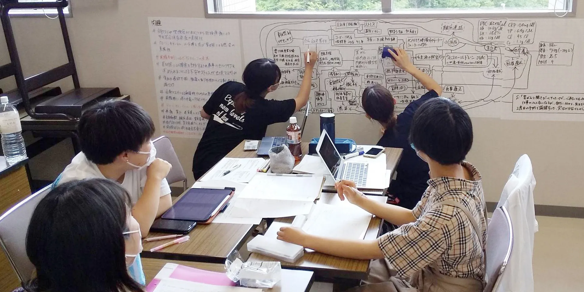 看護学部の学生たちがホワイトボードに情報を整理しながらディスカッションしている様子。