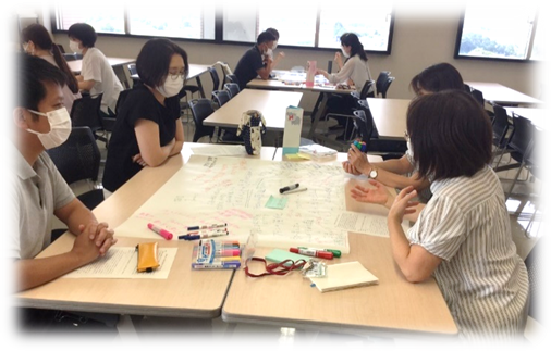 看護学実習に関する共有会で、参加者がテーブルを囲んで意見交換をしている様子。