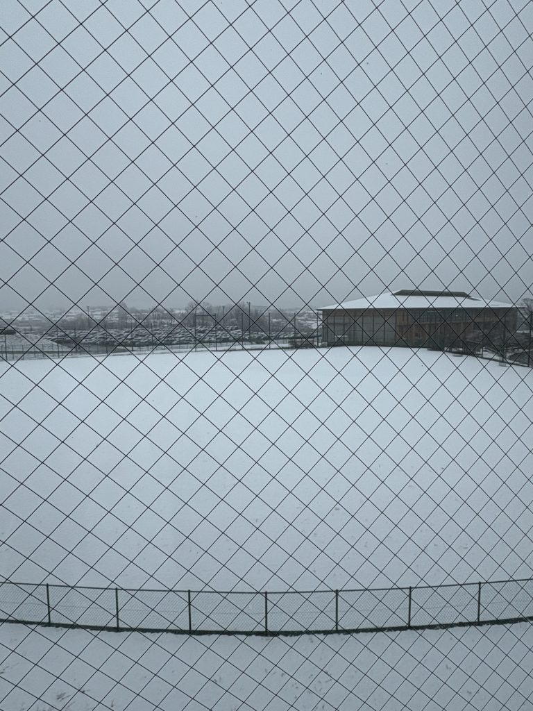 医大の野球場が春雪に覆われ、白い世界が広がっている様子。