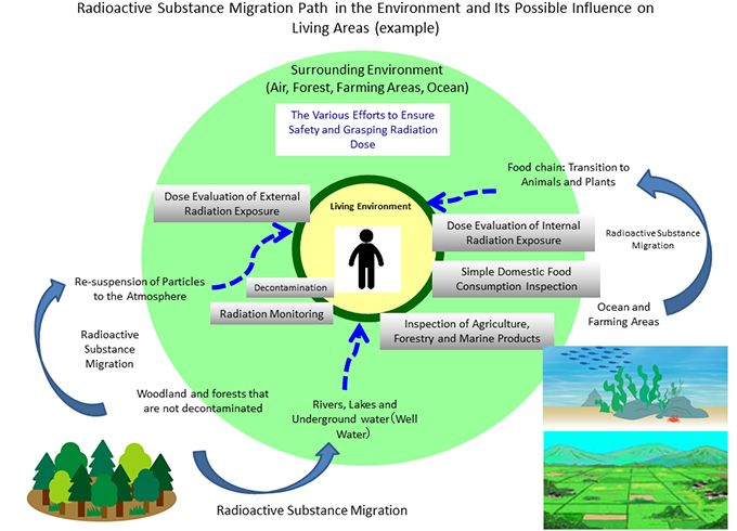 Diagram illustrating the migration path of radioactive substances in the environment and their potential impact on living areas, including air, forests, and oceans.