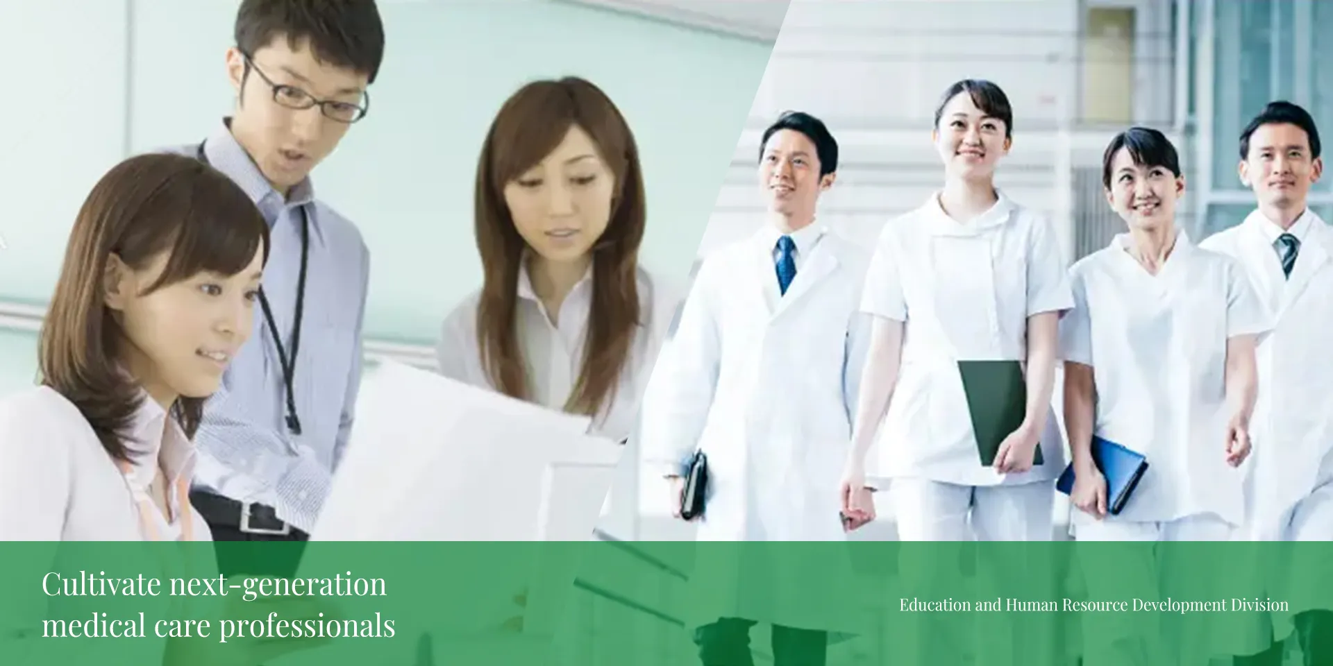 Students receiving clinical training and medical professionals in white coats walking through a medical setting.