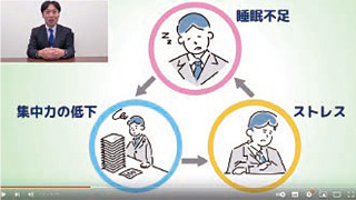 A video presentation discussing the effects of sleep deprivation, stress, and decreased concentration, featuring a speaker and illustrative graphics.