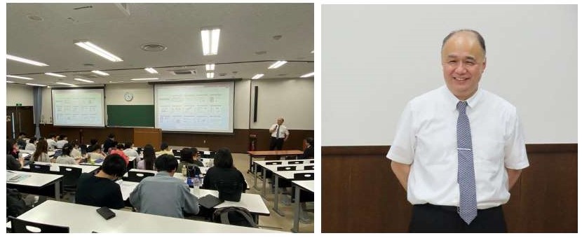 福島国際研究教育機構の大和田祐二先生が講義を行う教室の様子と、講師のポートレート。