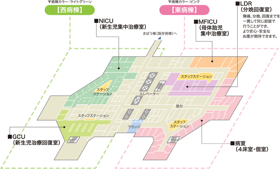 フロアガイドの3階に位置する総合周産期母子医療センターのレイアウト図。各部屋の名称と配置が示されています。