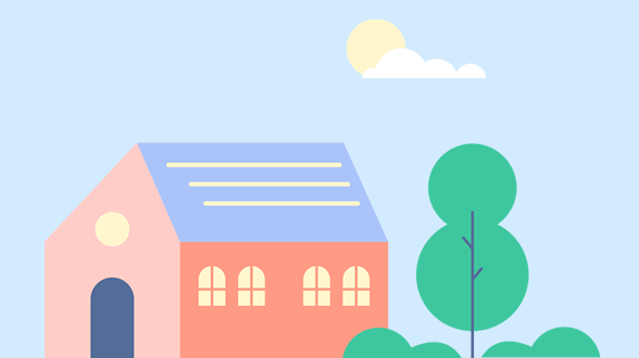 福島県立医科大学の施設を描いたイラスト。青空の下、ピンクの建物と緑の木々が描かれている。