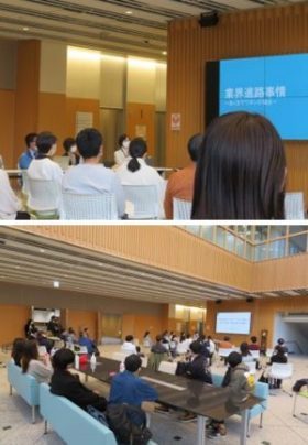 FMU保健科学部カフェでのパネルディスカッションの様子。参加者が講演を聴いている。