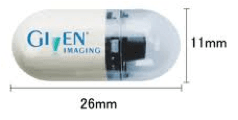 カプセル型の医療用撮影デバイスの画像。サイズは長さ26mm、直径11mmで、内部にカメラを搭載している。