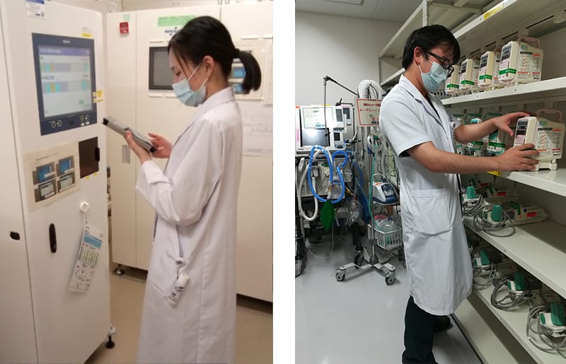 臨床工学技士による医療機器管理業務中の様子。