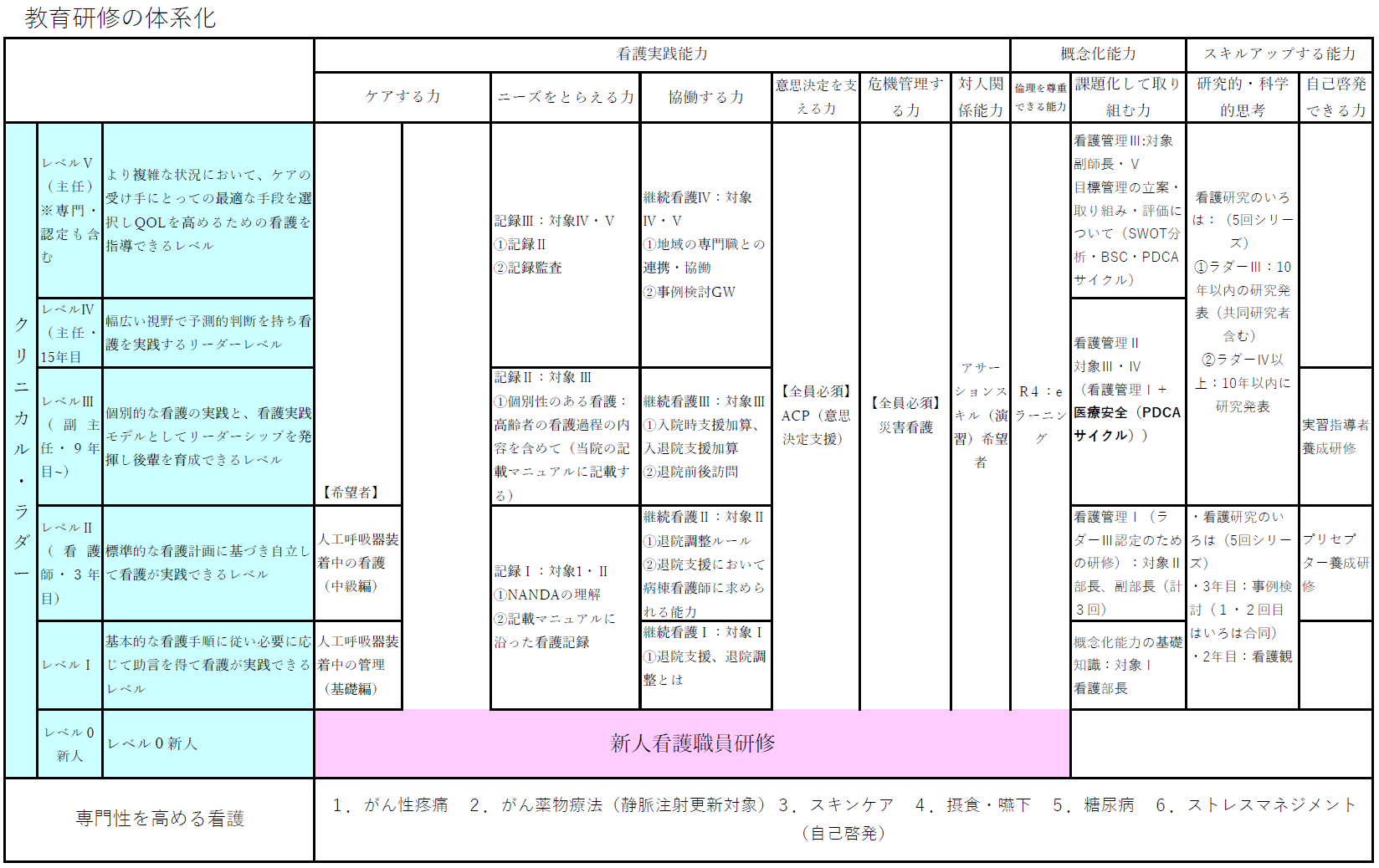 教育研修の体系化を示す表で、新人から主任までの看護師の成長段階と必要なスキル、目標が一覧化されています。