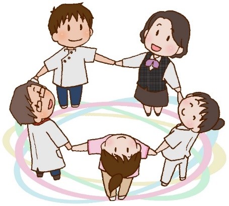 病院で働く医療スタッフたちが輪になっているイラスト。