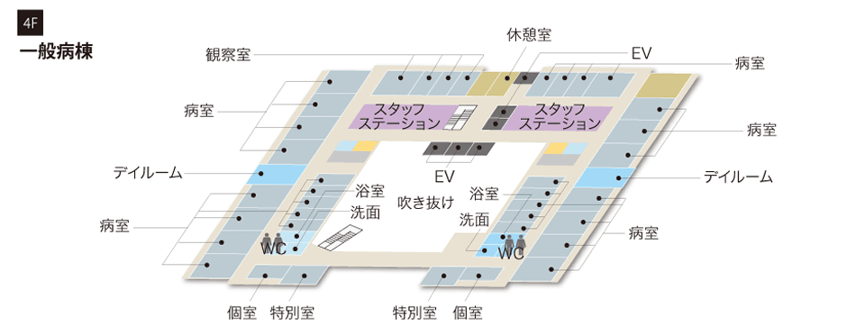4階フロアマップ。病室、観察室、スタッフステーション、浴室、特別室、デイルーム、個室、休憩室など配置されている。