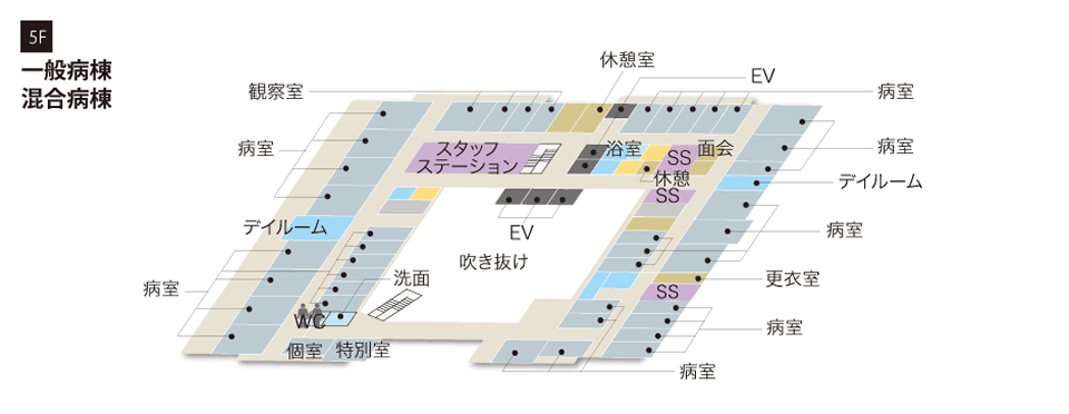 5階フロアマップ。感染症病床などの混合病棟を含む病室、観察室、特別室、個室、スタッフステーション、更衣室、浴室、休憩室などが配置されている。