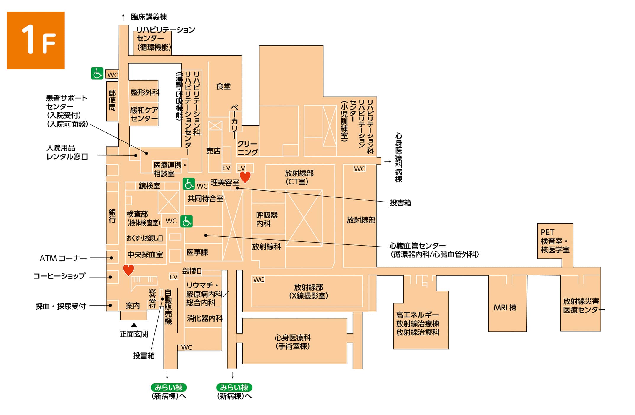福島県立医科大学1階のフロアマップ。病院や各科の位置、トイレ、エレベーター、待合室などが示されています。