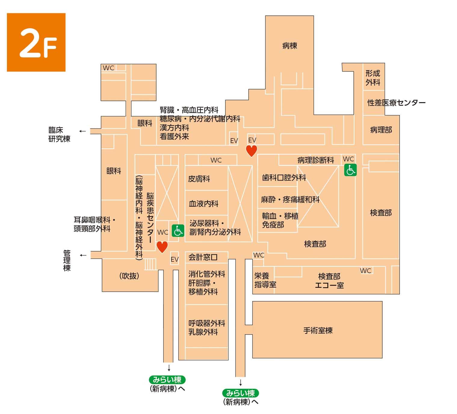 福島県立医科大学2階のフロアマップ。各科や検査部などの位置が詳細に示されており、エレベーターや車椅子対応トイレも記載。