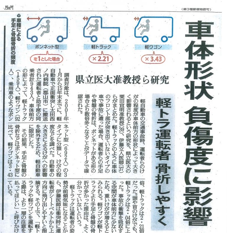 車体形状が負傷度に影響する研究結果を示す新聞記事。
