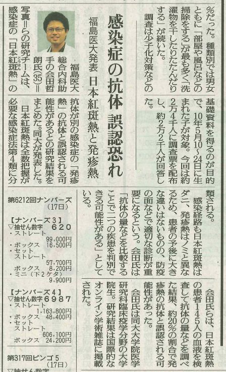 新聞記事の一部で、感染症の抗体での誤認恐れに関する研究について福島医大による発表を報じている。