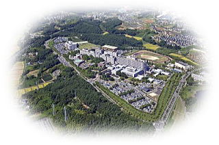 緑豊かな環境に建物と運動場が広がっている様子を撮影した航空写真。