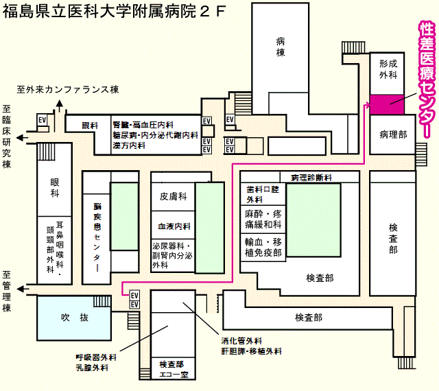 福島県立医科大学付属病院2Fにある精査医療センターの場所を示したフロアマップ。