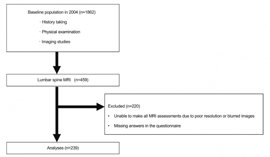 Flow chart illustrating the analysis process for evaluating MRI findings in lumbar spinal stenosis study participants.