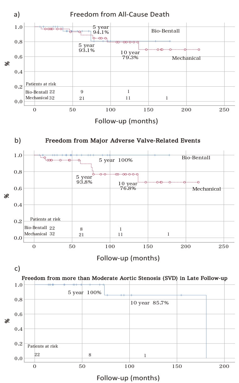 Kaplan-Meier analysis graphs showing long-term outcomes of modified Bentall procedures, including freedom from death and cardiac events.