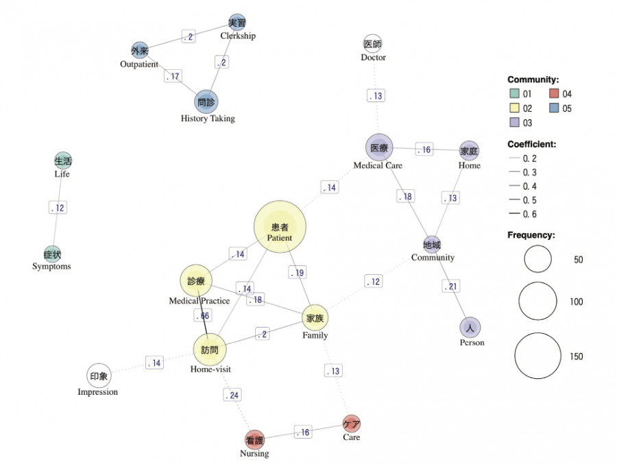 A network diagram illustrating the relationships between medical concepts, including "Patient," "Doctor," and "Nursing," with various connections and frequencies.
