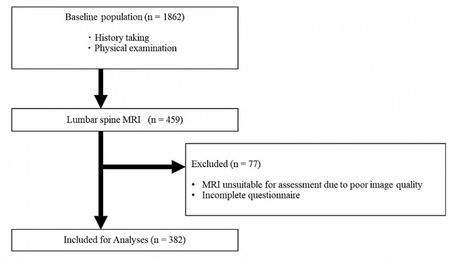 Flowchart illustrating the process of lumbar spine MRI analysis, including baseline population, exclusions, and final analysis count.