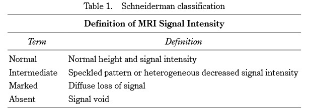Table summarizing the definitions of MRI signal intensity classifications, including terms like Normal, Intermediate, Marked, and Absent.