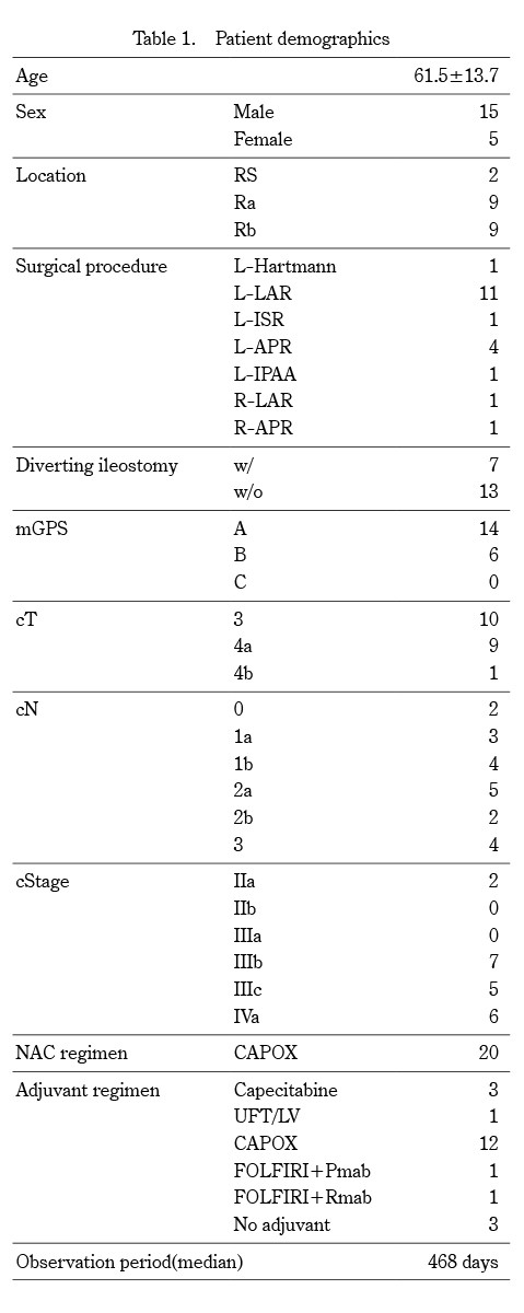 Table displaying patient demographics for a study on neoadjuvant chemotherapy in rectal cancer.