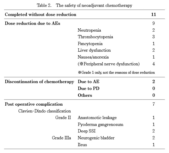 Table summarizing the safety and outcomes of neoadjuvant chemotherapy for rectal cancer patients.